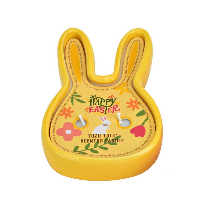 Candela profumata in contenitore a forma di coniglio pasquale giallo, perfetta per le tue decorazioni di Pasqua